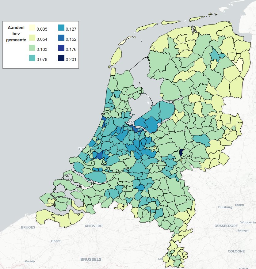 The image is a map or chart displaying the distribution of a specific percentage or share (possibly related to a demographic or statistical data) across various regions or cities, such as Aandeel, Duisburg, Essen, and others. AI-generated content may be incorrect.